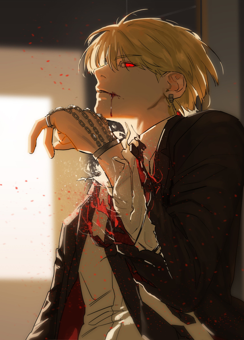 1boy absurdres black_neckwear blonde_hair blood blood_from_mouth blood_on_face blurry blurry_background chain earrings eyebrows_visible_through_hair formal glowing glowing_eye highres horrng123 hunter_x_hunter jewelry kurapika male_focus necktie parted_lips red_eyes solo suit torn torn_clothes