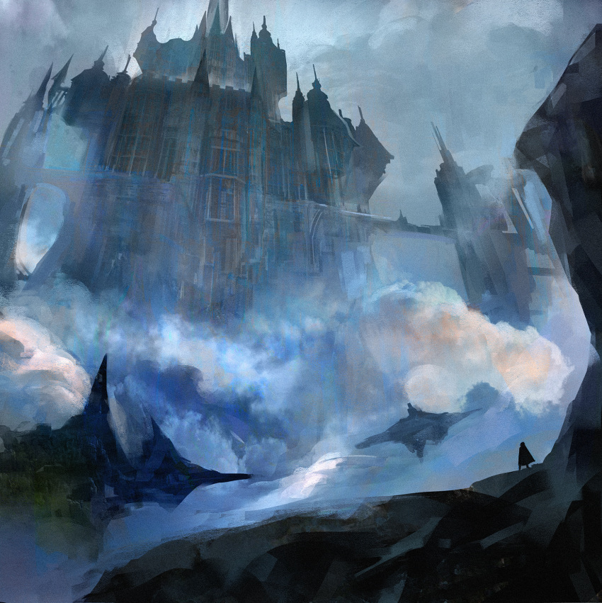 1other blue_theme castle cloak clouds cloudy_sky fantasy floating highres momokurianzu original outdoors scenery sky solo standing