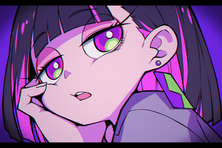 1girl bangs black_hair blunt_bangs close-up earrings eyebrows_visible_through_hair face gorillabbit hand_on_own_cheek hand_on_own_face head_rest jewelry long_eyelashes looking_at_viewer looking_to_the_side multicolored_hair nira-chan open_mouth piercing purple_hair solo two-tone_hair unamused violet_eyes zutto_mayonaka_de_ii_no_ni