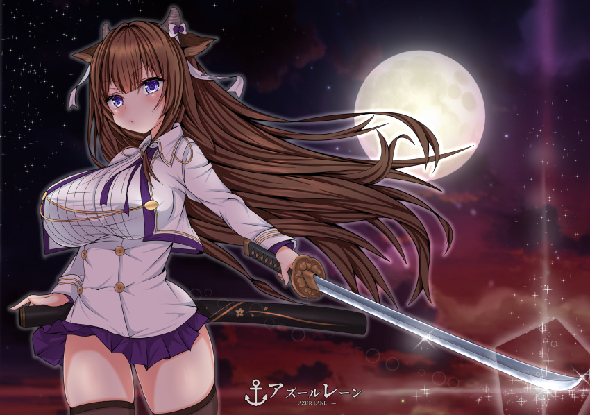1girl absurdres animal_ears azur_lane bangs breasts brown_hair commentary_request copyright_name cow_ears cow_girl cow_horns highres horns kashino_(azur_lane) katana large_breasts long_hair moon night solo sword violet_eyes weapon yanmaa_(yanmar195)