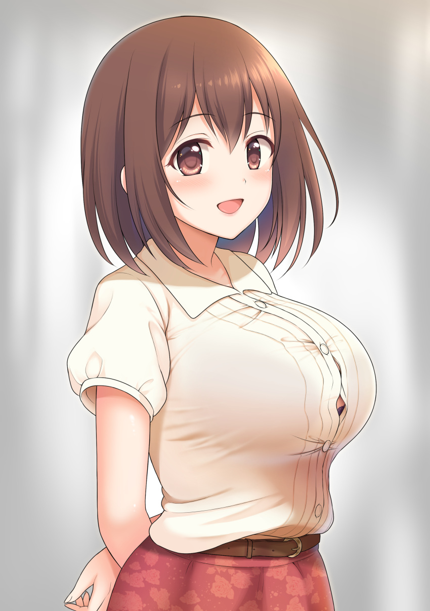 1girl :d absurdres arms_behind_back bangs belt belt_buckle black_bra blush bra bra_peek breasts brown_eyes brown_hair buckle button_gap collared_shirt commentary_request eyebrows_visible_through_hair floral_print grey_background highres large_breasts looking_at_viewer open_mouth princess_connect! princess_connect!_re:dive shirt short_hair short_sleeves smile solo underwear upper_body white_shirt yue_(show-ei) yui_(princess_connect!) yui_(real)_(princess_connect!)