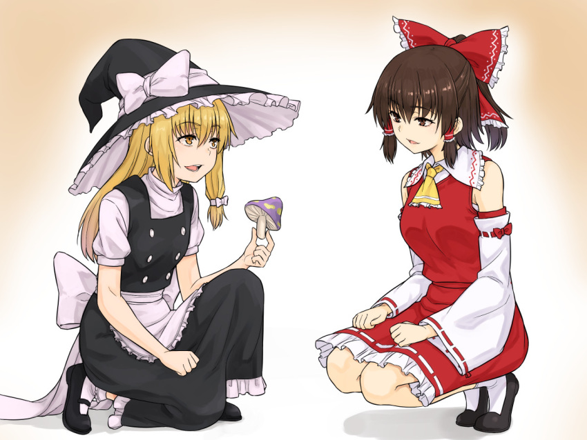 2girls apron ascot bangs black_footwear black_headwear black_skirt black_vest blonde_hair bow braid brown_eyes brown_hair detached_sleeves dress eyebrows_visible_through_hair frilled_bow frilled_hat frills full_body hair_between_eyes hair_bow hair_tubes hakurei_reimu hands_on_own_legs hat hat_bow holding holding_mushroom kakone kirisame_marisa long_hair looking_at_another multiple_girls mushroom nontraditional_miko one_knee open_mouth petticoat ponytail red_bow red_dress red_ribbon ribbon ribbon-trimmed_dress ribbon-trimmed_sleeves ribbon_trim shirt short_sleeves side_braid single_braid sitting skirt smile squatting touhou vest waist_apron white_apron white_bow white_legwear white_shirt white_skirt wide_sleeves witch_hat yellow_eyes yellow_neckwear
