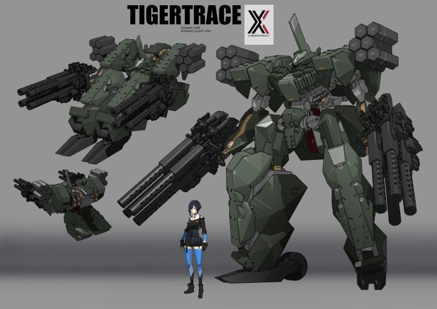 1girl 3d absurdres bird/binary black_gloves blue_eyes breasts character_name character_sheet ciel_(bird/binary) dual_wielding gloves gradient gradient_background gun highres holding holding_gun holding_weapon las91214 mecha medium_breasts open_hands science_fiction short_hair size_comparison standing thigh-highs tigertrace weapon