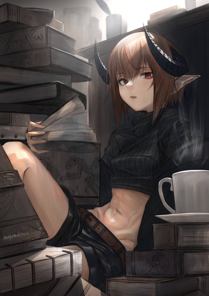 1girl abs absurdres belt book brown_hair coffee_mug commentary crop_top cup eyebrows_visible_through_hair highres holding holding_book horns looking_at_viewer midriff monster_girl mug orange_eyes original parted_lips pointy_ears quill savuxan short_hair short_shorts shorts sitting solo steam sweater turtleneck turtleneck_sweater