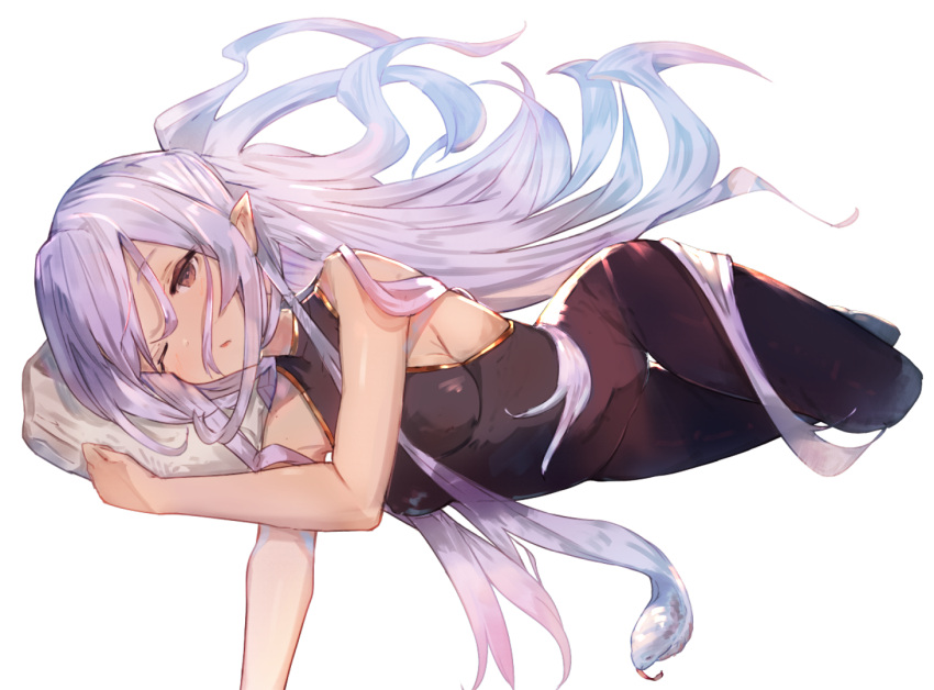 1girl ;o bangs bare_arms bare_shoulders bodystocking breasts commentary_request long_hair looking_at_viewer lying medusa_(shingeki_no_bahamut) on_side one_eye_closed parted_lips pillow pointy_ears purple_hair shingeki_no_bahamut simple_background skin_tight sleeveless small_breasts solo swept_bangs thigh_gap tota_(sizukurubiks) very_long_hair waking_up white_background