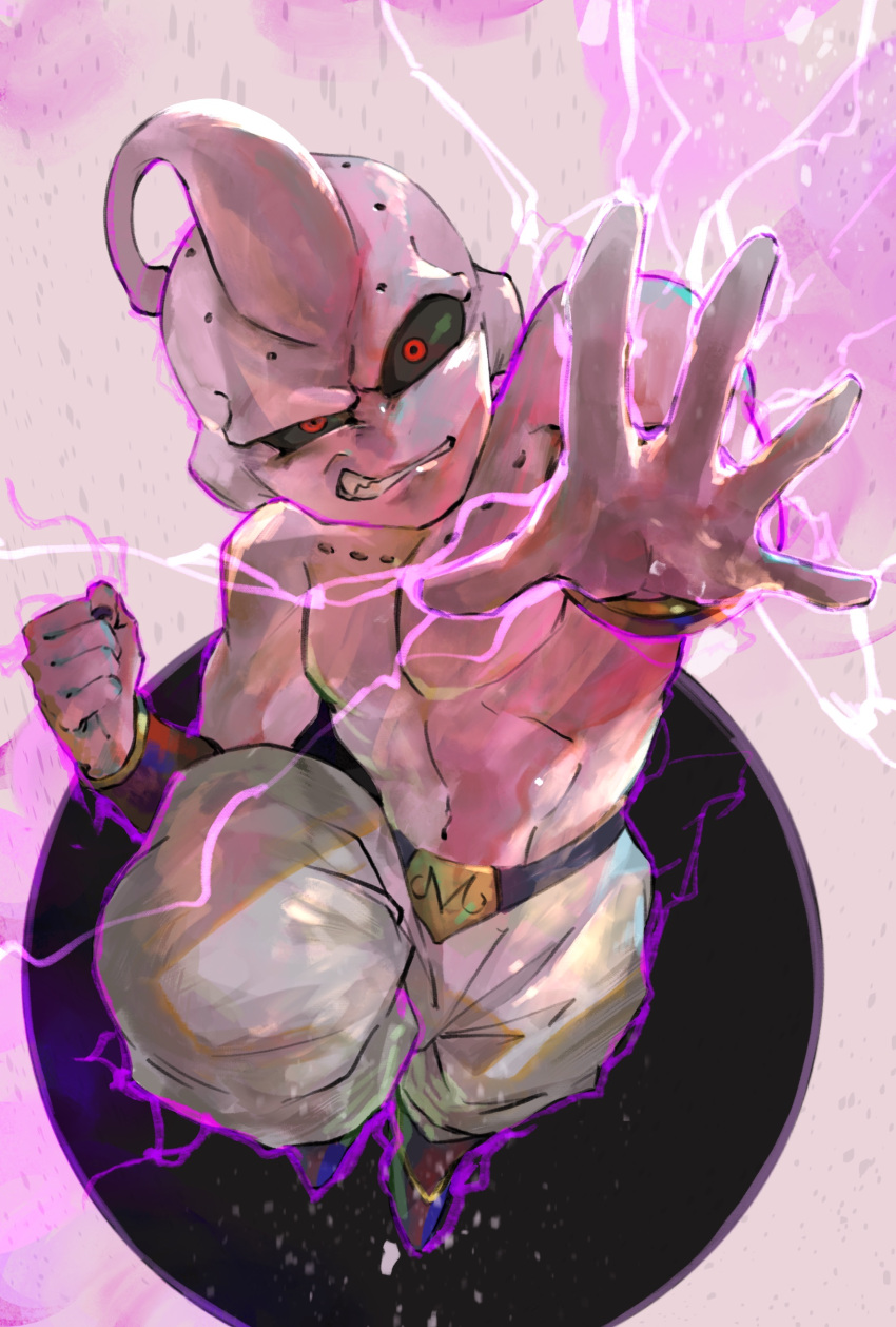 1boy absurdres belt black_nails black_sclera clenched_hand clenched_teeth colored_sclera colored_skin dragon_ball dragon_ball_z electricity fingernails highres ikuyoan kid_buu majin_buu male_focus navel open_hand pink_skin puffy_pants red_eyes shirtless solo teeth