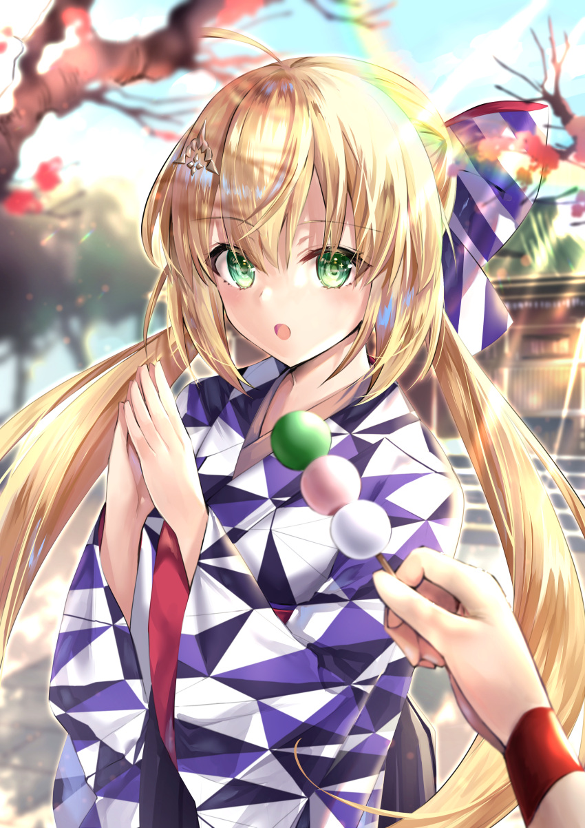 1girl absurdres artoria_pendragon_(all) bangs blonde_hair blush breasts dango fate/grand_order fate_(series) food green_eyes hane_yuki highres huge_filesize japanese_clothes kimono long_hair long_sleeves looking_at_viewer open_mouth saber shrine skewer solo_focus twintails wagashi wide_sleeves