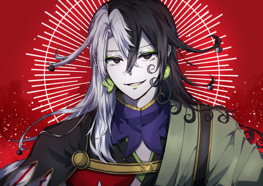 1boy absurdres ashiya_douman_(fate) asymmetrical_clothes asymmetrical_hair bell black_eyes black_hair curly_hair earrings evil_smile face fate/grand_order fate_(series) fingernails green_eyeshadow green_kimono green_lipstick green_nails hair_bell hair_between_eyes hair_intakes hair_ornament highres japanese_clothes jewelry kimono lipstick long_hair magatama magatama_earrings makeup male_focus multicolored_hair open_clothes open_kimono portrait red_background ribbed_sleeves romaru_(lorum06iw) sharp_fingernails smile solo two-tone_hair upper_body very_long_fingernails very_long_hair white_hair