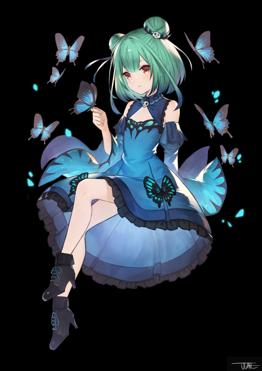 1girl absurdres bangs bare_shoulders black_background black_footwear blue_dress bug butterfly butterfly_on_finger closed_mouth detached_sleeves double_bun dress eyebrows_visible_through_hair flat_chest floating full_body green_hair hair_ornament high_heels highres hololive insect jun_wei knees_up looking_at_viewer petticoat red_eyes short_hair signature simple_background skull_hair_ornament skull_ornament smile solo uruha_rushia virtual_youtuber wide_sleeves