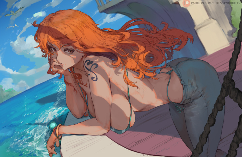 1girl bangle bangs bare_shoulders bent_over bikini bikini_top bird blue_pants blue_sky bracelet breasts closed_mouth cutesexyrobutts hand_on_own_cheek hand_on_own_face jewelry large_breasts leaning_forward long_hair looking_to_the_side nami_(one_piece) ocean one_piece orange_eyes orange_hair outdoors pants rope ship shoulder_tattoo sideboob sky swimsuit tattoo thong water watercraft waves