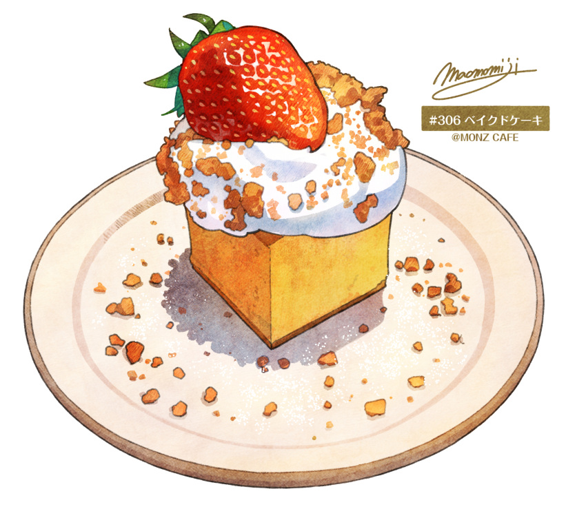 cake cream dessert english_text food food_focus fruit highres momiji_mao no_humans original pastry plate signature simple_background still_life strawberry white_background