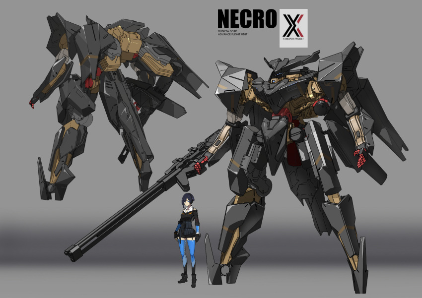 1girl absurdres arm_cannon bird/binary black_gloves blue_eyes breasts chain_gun character_name character_sheet ciel_(bird/binary) gloves gradient gradient_background highres las91214 mecha medium_breasts necro_(bird/binary) open_hands science_fiction short_hair size_comparison standing thigh-highs weapon
