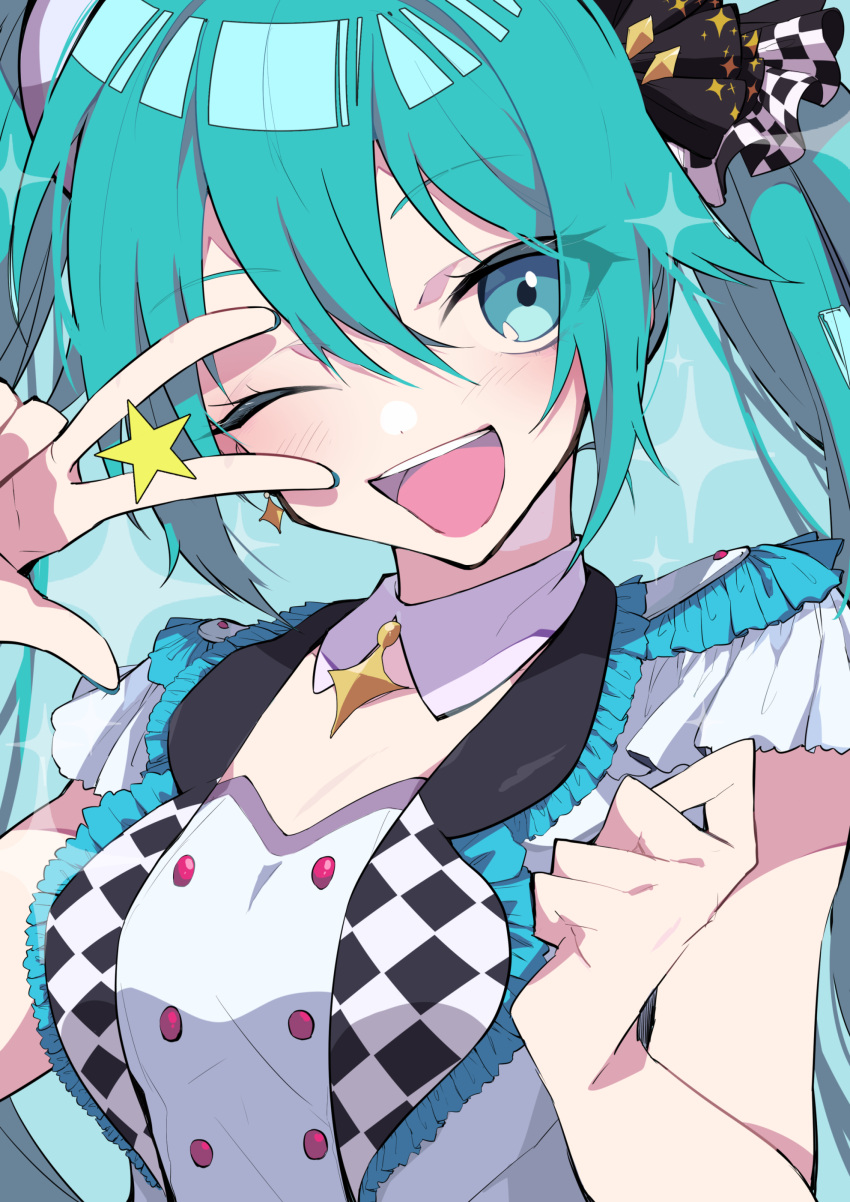 1girl ;d absurdres aqua_eyes aqua_hair buttons checkered dress frilled_dress frills hair_between_eyes hair_ornament hatsune_miku highres jewelry long_hair nekoma_hikaru one_eye_closed open_mouth project_sekai smile solo star_(symbol) twintails v_over_eye very_long_hair vocaloid