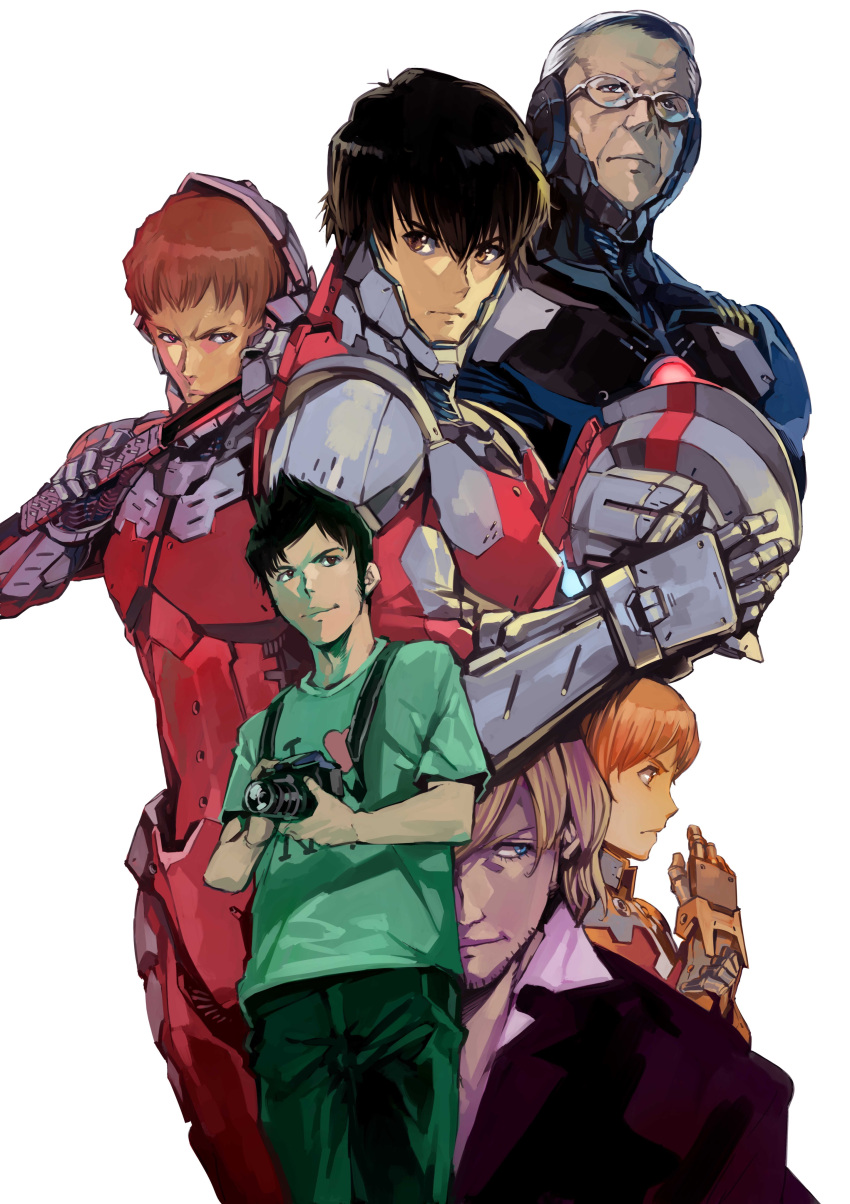 1girl 5boys absurdres black_hair blonde_hair blue_eyes brown_eyes brown_hair camera character_request facial_hair glasses grey_hair hayata_shinjirou highres holding holding_camera looking_ahead looking_to_the_side looking_up multiple_boys official_art old old_man power_armor shimoguchi_tomohiro stubble ultra_series ultraman ultraman_(hero's_comics) white_background