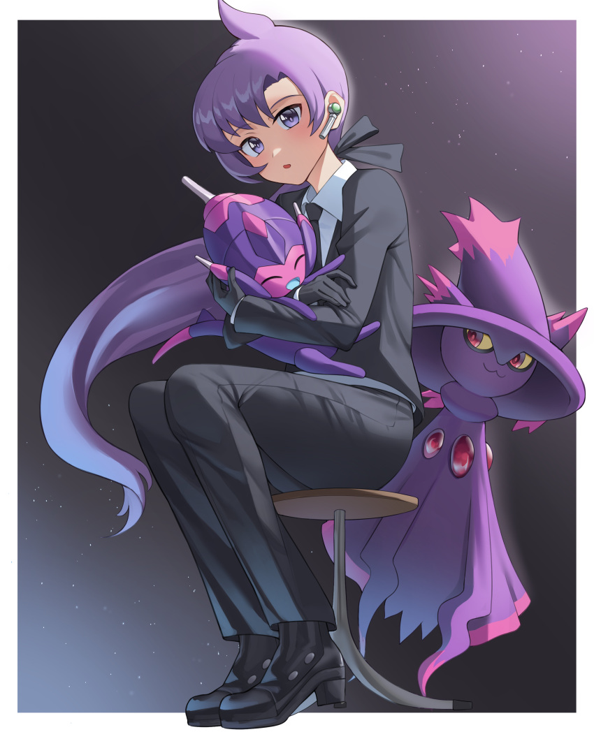 1girl absurdres anabel_(pokemon) bangs black_footwear black_gloves black_jacket black_legwear black_pants blush collared_shirt commentary earpiece floating_hair gen_4_pokemon gen_7_pokemon gloves high_heels highres holding holding_pokemon jacket long_hair looking_at_viewer mismagius necktie open_mouth pants poipole pokemon pokemon_(creature) pokemon_(game) pokemon_sm purple_hair shiny shiny_hair shirt sitting stool ultra_beast violet_eyes white_shirt wook_03