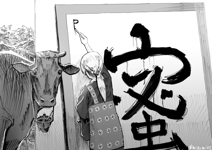 1girl alternate_costume alternate_hairstyle anchor_hair_ornament animal calligraphy_brush commentary_request cow from_behind greyscale hair_ornament highres holding horns kantai_collection misumi_(niku-kyu) monochrome new_year paintbrush ponytail prinz_eugen_(kantai_collection) swastika twitter_username
