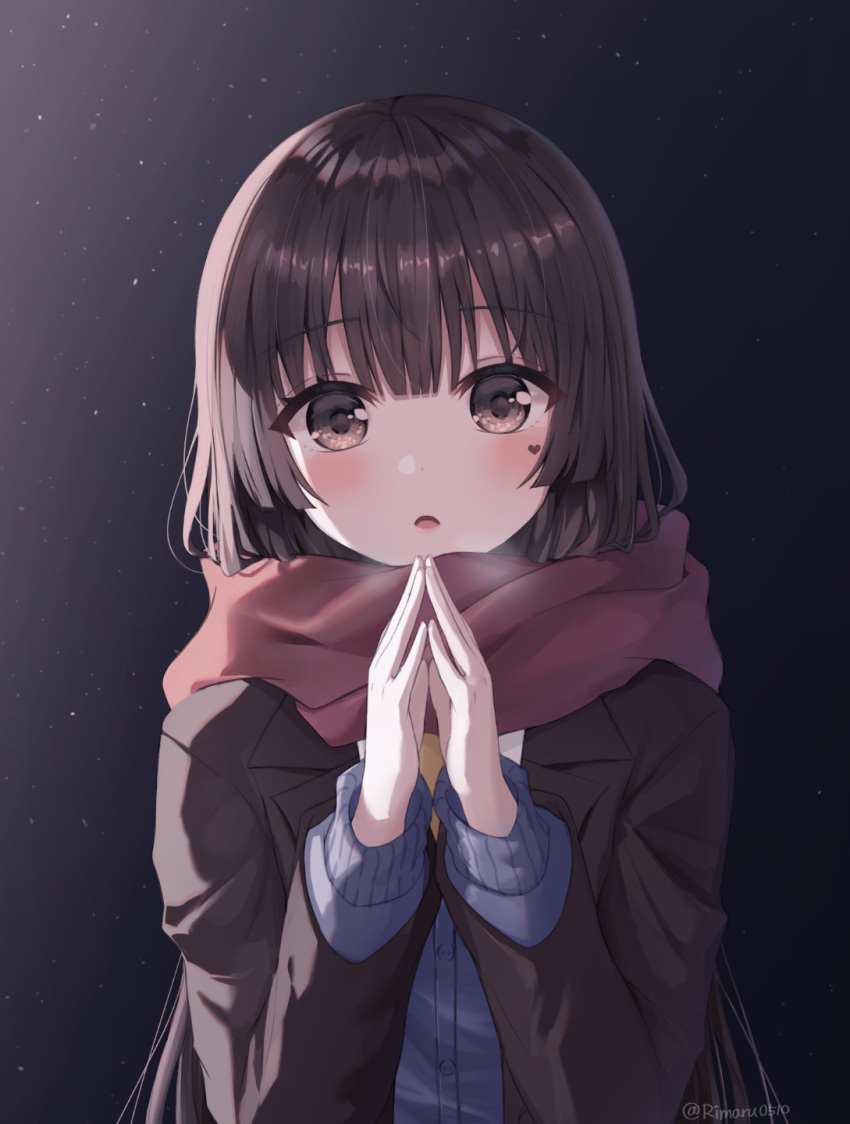 1girl :o bangs black_background black_hair blush brown_eyes brown_hair brown_jacket hands_together highres jacket long_hair long_sleeves looking_at_viewer medium_hair mole mole_under_eye open_mouth original red_scarf rimaru_0510 scarf solo sweater