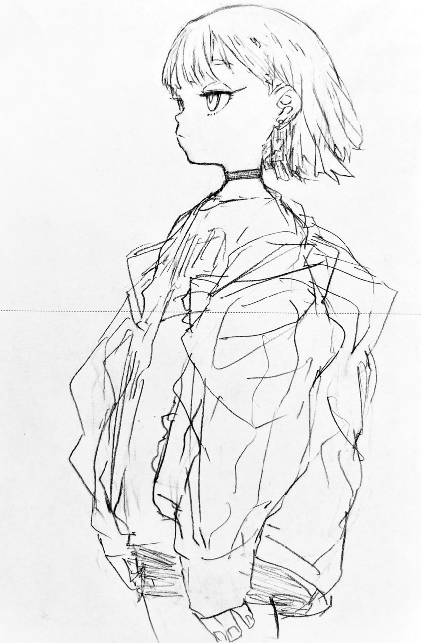 1girl choker closed_mouth earrings eyelashes fingernails greyscale half-closed_eyes hatching_(texture) highres jacket jewelry long_eyelashes monochrome null_hamamo open_clothes open_jacket original short_hair single_earring sketch sleeves_past_wrists solo traditional_media