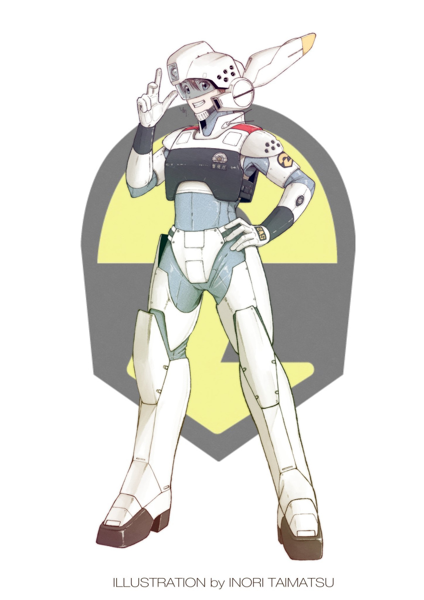 1girl armor artist_name av-98_ingram av-98_ingram_(cosplay) brown_hair cosplay gloves grey_eyes hand_on_hip highres inori_taimatsu izumi_noa kidou_keisatsu_patlabor mecha_musume pointing pointing_up power_armor science_fiction smile solo standing visor white_gloves