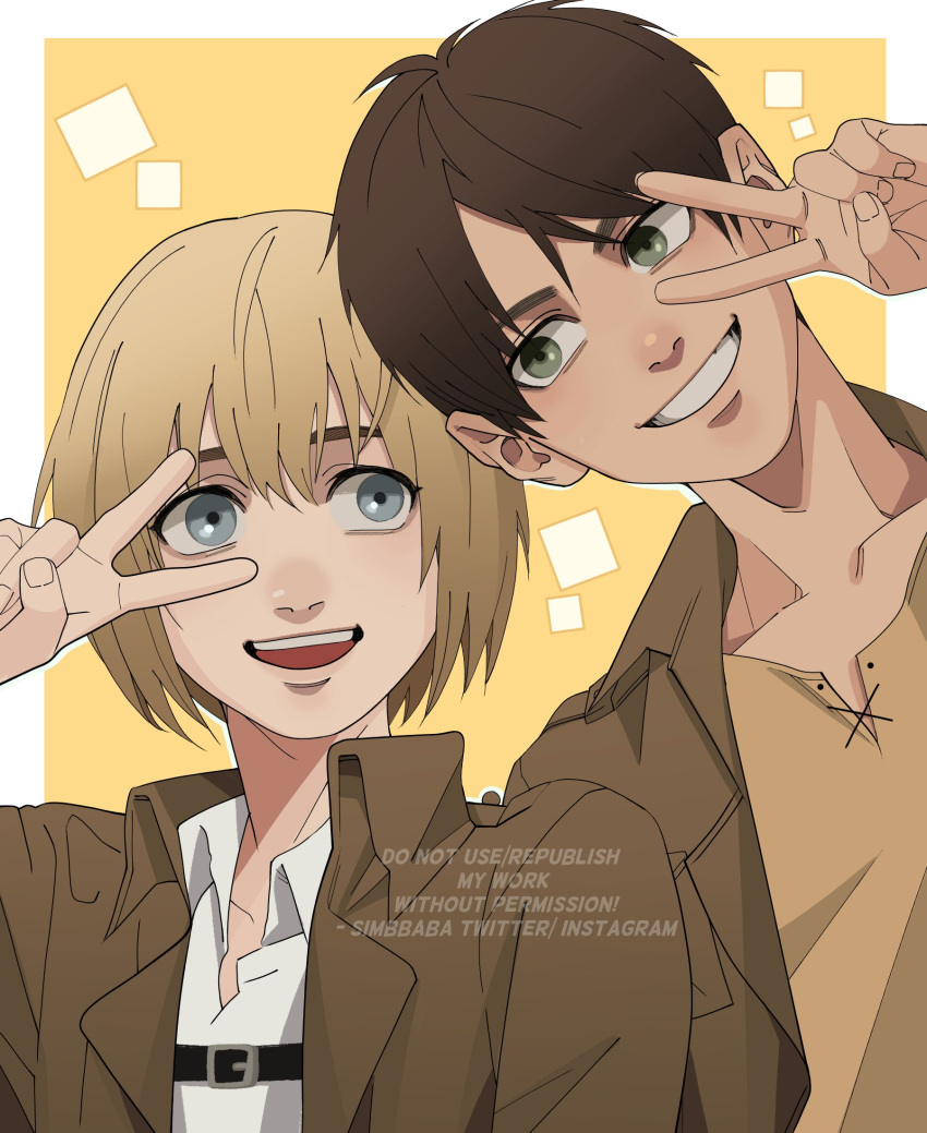 2boys armin_arlert belt black_belt blonde_hair blue_eyes brown_hair brown_jacket collared_shirt eren_yeager green_eyes happy height_difference highres jacket long_sleeves male_focus military military_uniform multiple_boys open_clothes open_jacket paradis_military_uniform shingeki_no_kyojin shirt short_hair simbbaba smile suspenders uniform v