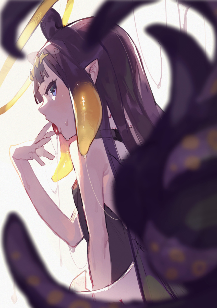 1girl absurdres black_choker blonde_hair blue_eyes blurry blurry_foreground blush choker eyebrows_visible_through_hair finger_licking frilled_choker frills halo highres hololive hololive_english licking multicolored multicolored_hair ninomae_ina'nis open_mouth orange_hair pointy_ears purple_hair saliva saliva_trail sketch solo tentacle_hair tentacles tongue tongue_out uedrk_yamato virtual_youtuber
