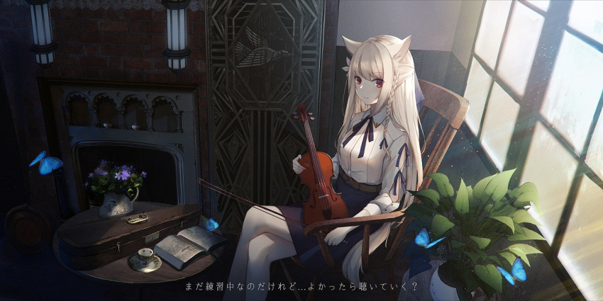 1girl animal_ears bangs blonde_hair blue_ribbon blue_skirt book braid bug butterfly chair closed_mouth coffee_table cup eyebrows_visible_through_hair fantasy holding holding_instrument indoors insect instrument instrument_case light_particles long_hair miniskirt open_book original plant red_eyes ribbon sagiri_(ulpha220) shirt sitting skirt smile solo teacup violin violin_case white_shirt window