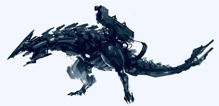commentary dinosaur from_side grey_background highres korean_commentary looking_ahead mecha mechanical_tail no_humans original science_fiction siku199 solo standing tail