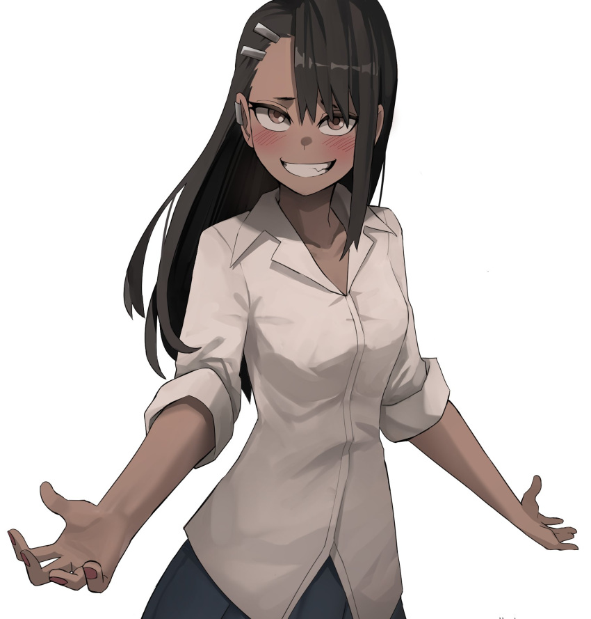 1girl asymmetrical_bangs bangs bared_teeth black_hair blush breasts brown_eyes dark_skin dark-skinned_female ear_clip fingernails grin hair_ornament hairclip highres ijiranaide_nagatoro-san jourd4n long_hair looking_at_viewer nagatoro_hayase outstretched_arms school_uniform shirt shrugging skirt sleeves_rolled_up small_breasts smile solo w_arms