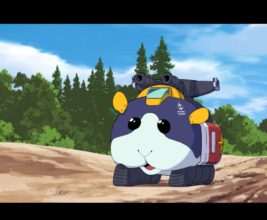 black_eyes caterpillar_tracks crossover fusion g-bull g.yamamoto guinea_pig gundam looking_ahead mobile_suit_gundam molcar no_humans open_mouth pui_pui_molcar red_bull shield shoulder_cannon