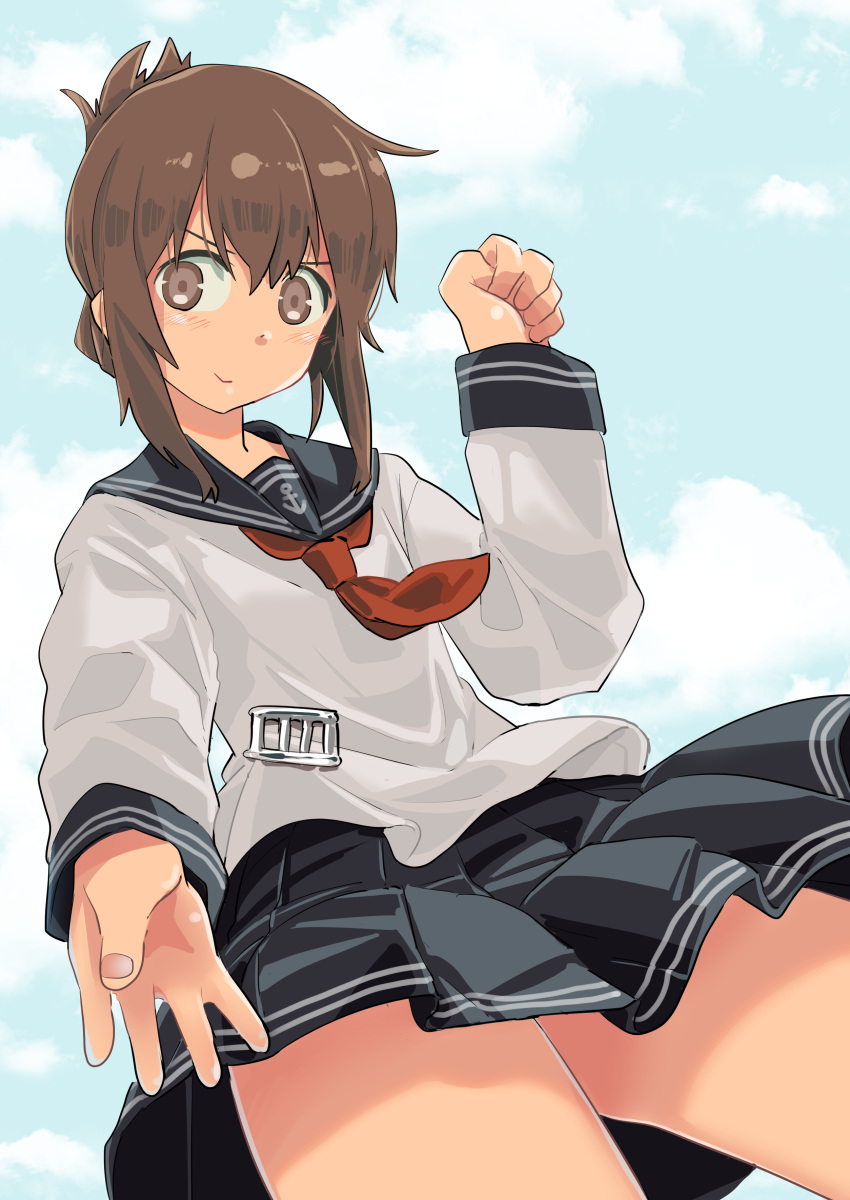 1girl absurdres anchor_symbol animal_ears black_sailor_collar black_skirt blue_sky brown_eyes brown_hair clouds cow_ears cow_horns cow_tail english_commentary folded_ponytail haida_katsuretsu highres horns inazuma_(kantai_collection) kantai_collection long_hair looking_at_viewer neckerchief perspective pleated_skirt red_neckwear sailor_collar school_uniform serafuku skirt sky solo tail