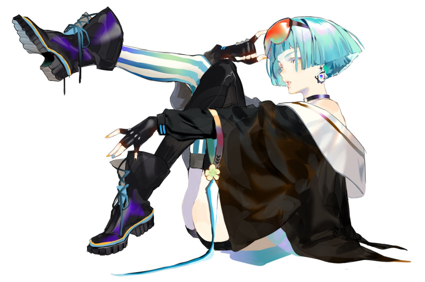 1girl bangs black_footwear black_gloves black_jacket black_legwear black_shorts blue_hair blunt_bangs boots choker earrings fingerless_gloves full_body girls_frontline gloves goggles goggles_on_head highres jacket jewelry lips long_sleeves mismatched_legwear multicolored multicolored_nails nail_polish orange_eyes parted_lips short_hair shorts simple_background sitting solo striped striped_legwear thigh-highs unye_00 white_background wide_sleeves zas_m21_(girls_frontline)