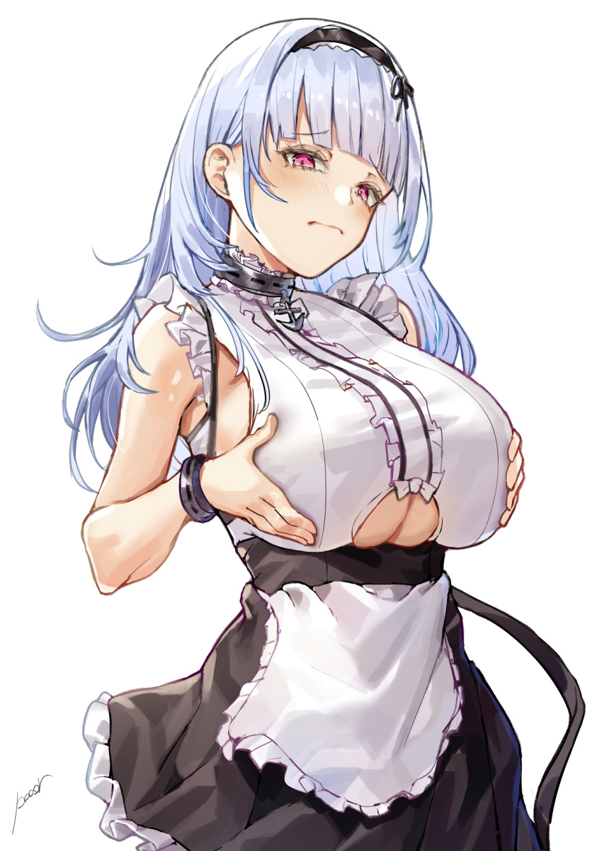 anchor_choker apron azur_lane breast_grab breasts clothing_cutout cuffs dido_(azur_lane) eyebrows_visible_through_hair grabbing hairband highres lace-trimmed_hairband lace_trim large_breasts looking_at_viewer maid pooor self_fondle standing under_boob underboob_cutout violet_eyes waist_apron white_apron white_hair