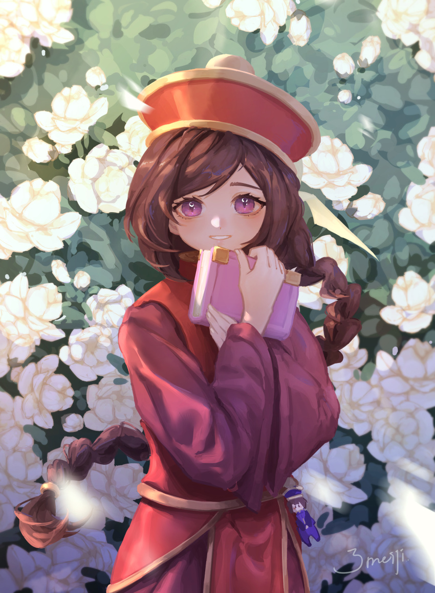 1girl absurdres bangs blouse bongun book braid braided_ponytail brown_hair bush character_doll chinese_commentary commentary cowboy_shot dress flower hat highres holding holding_book jiangshi long_hair long_sleeves looking_at_viewer low-tied_long_hair munak pants qing_guanmao ragnarok_online red_blouse red_dress red_headwear red_pants sandwich_(3meiji) signature smile solo swept_bangs violet_eyes white_flower