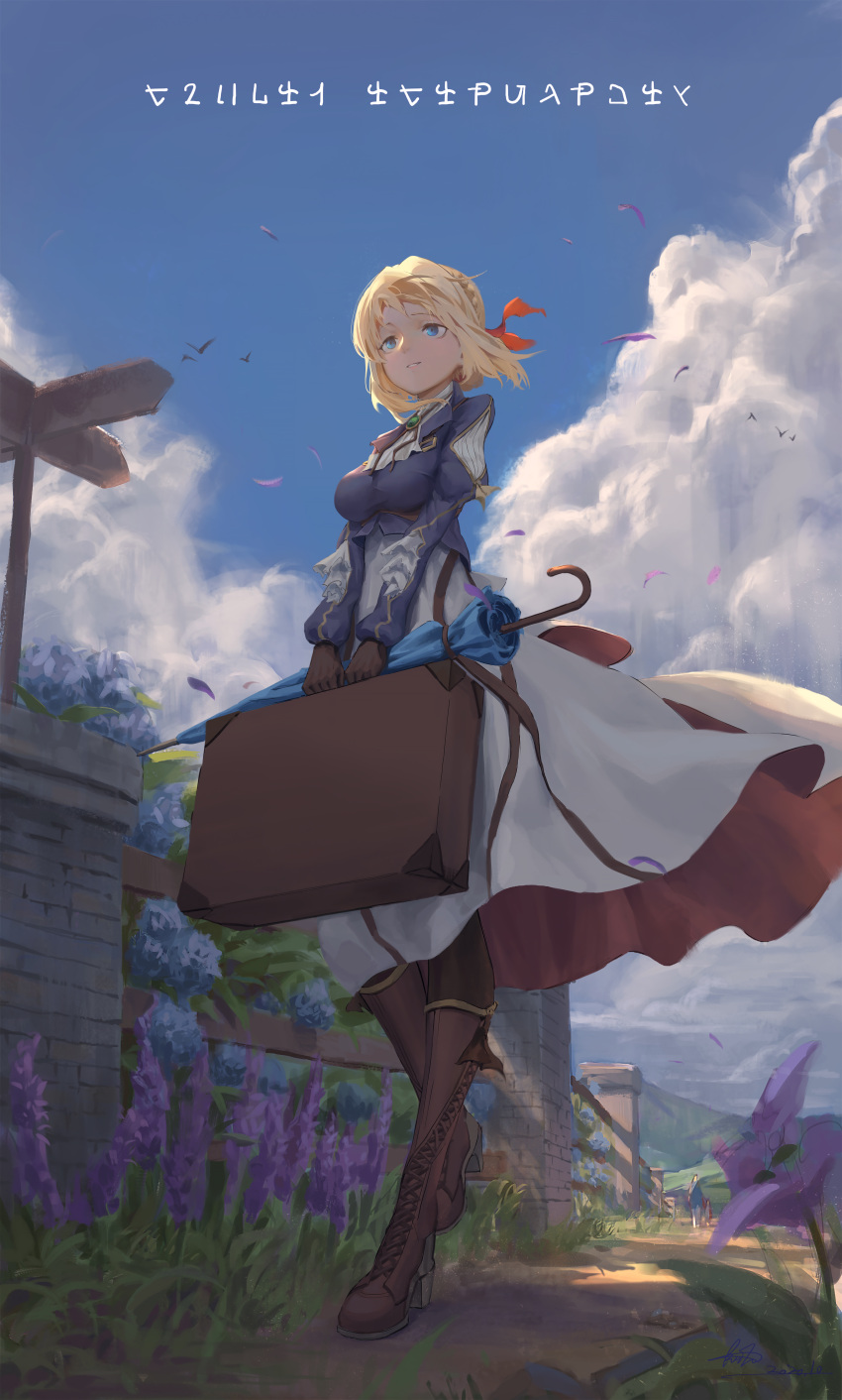 1girl 2020 absurdres bird blonde_hair blue_jacket blue_sky boots braid brick_wall brooch brown_footwear brown_gloves bwh clouds cross-laced_footwear dated dirt_road french_braid gloves grass hair_intakes hair_ribbon high_heel_boots high_heels highres jacket jewelry kyoto_animation lace-up_boots petals raised_eyebrows red_ribbon ribbon road road_sign scenery sign signature sky smile solo suitcase umbrella violet_evergarden violet_evergarden_(character) white_neckwear