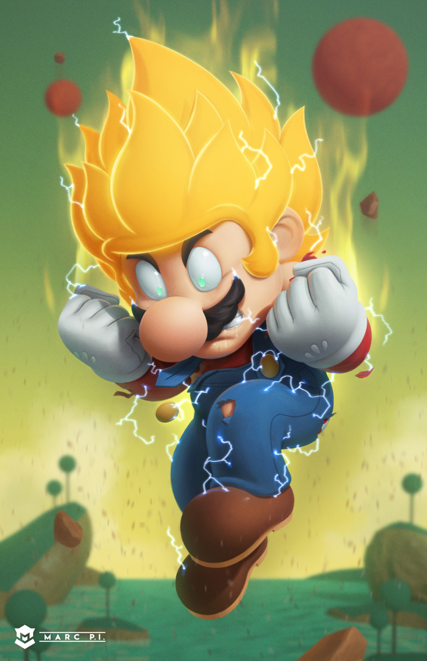 1boy angry aqua_eyes artist_name aura big_nose blonde_hair brown_footwear clenched_hands clenched_teeth cliff commentary debris denim dragon_ball dragon_ball_z facial_hair full_body gloves hat highres looking_down marc_pi mario super_mario_bros. mustache outdoors parody rock shoes solo spiky_hair super_saiyan teeth torn_clothes tree white_gloves