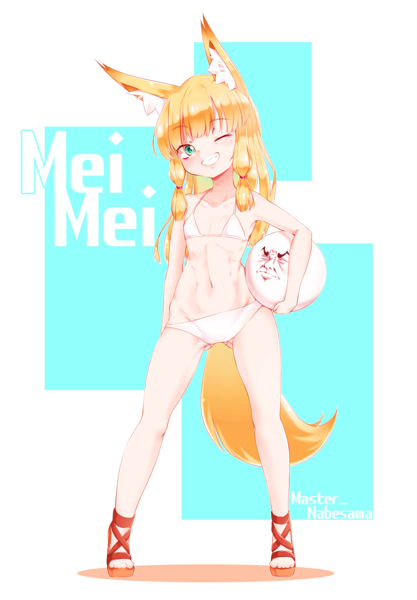 1girl abs animal_ear_fluff animal_ears artist_name ball bangs bikini blonde_hair blue_background character_name collarbone commentary_request eyebrows_visible_through_hair flat_chest fox_ears fox_girl fox_tail full_body green_eyes grin hair_ribbon high_heels highres holding holding_ball huge_filesize long_hair looking_at_viewer master_nabesama muscular muscular_female navel one_eye_closed original red_footwear red_ribbon ribbon smile solo standing stomach swimsuit swimwear tail white_background white_bikini
