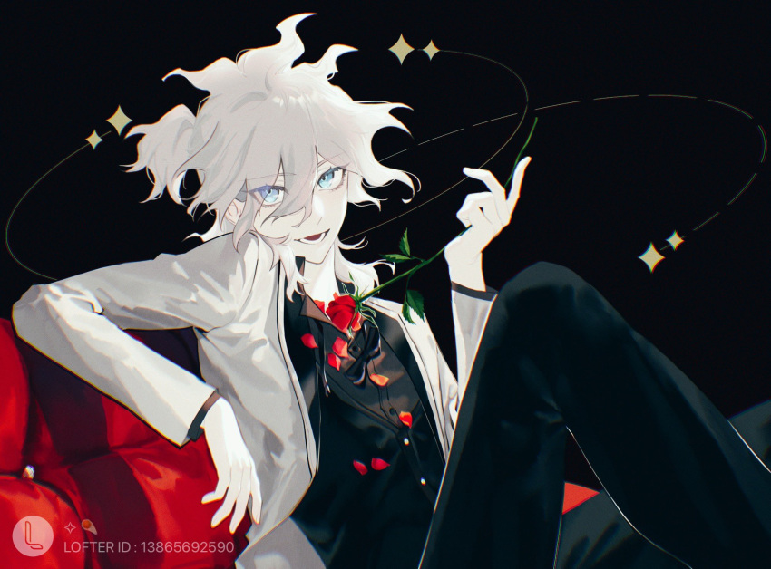 1boy :d artist_name bangs black_background black_pants black_vest blue_eyes collared_shirt commentary_request couch dangan_ronpa_(series) dangan_ronpa_2:_goodbye_despair feet_out_of_frame flower formal hair_between_eyes hand_up highres holding holding_flower jacket knee_up komaeda_nagito komo-me long_sleeves looking_at_viewer lower_teeth male_focus messy_hair official_alternate_costume open_clothes open_jacket open_mouth pale_skin pants red_flower red_rose rose shirt sitting smile solo sparkle vest white_jacket