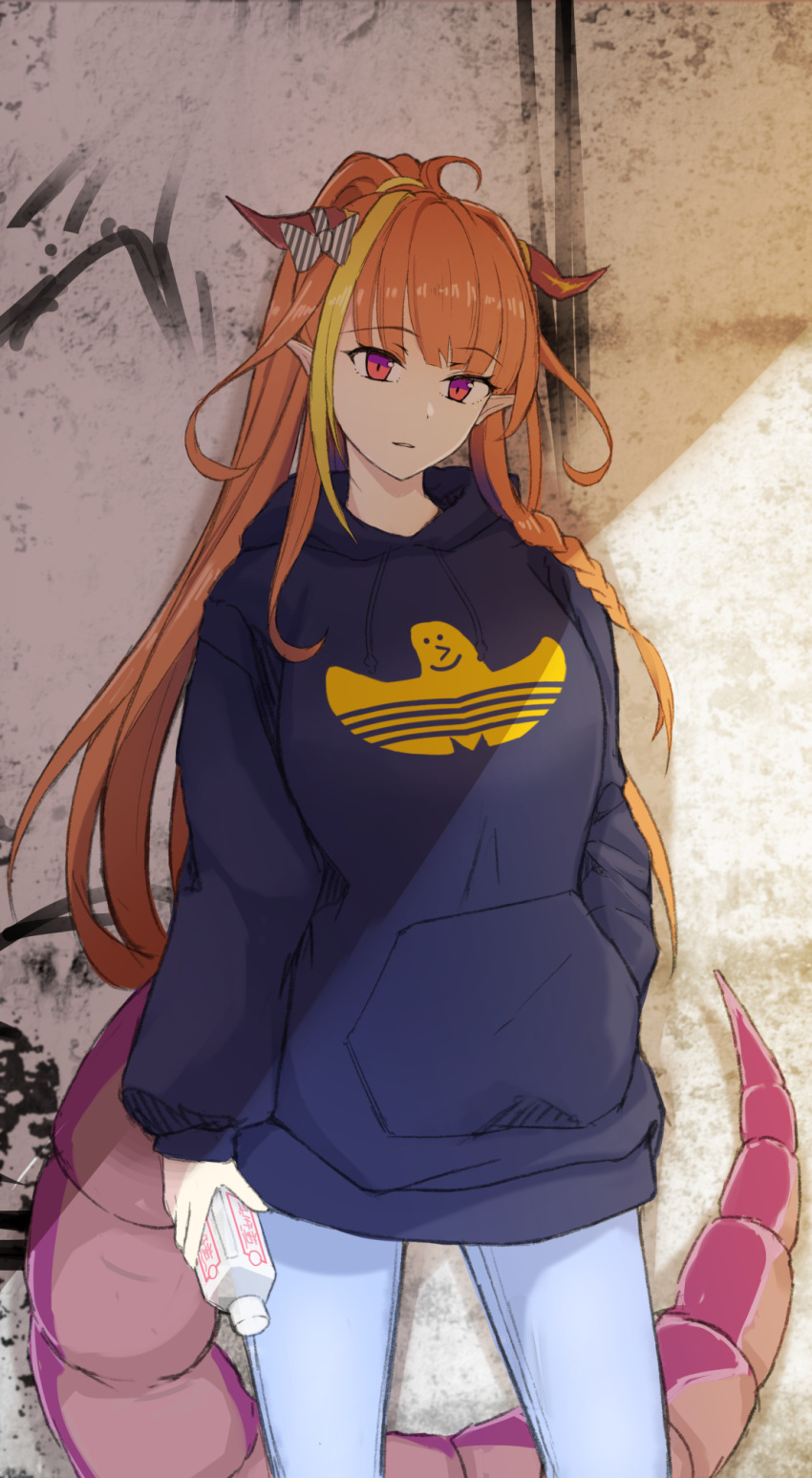 1girl artist_request bottle casual dragon_girl graffiti highlights highres hololive hood hoodie horns kiryuu_coco long_hair long_ponytail looking_at_viewer multicolored_hair orange_hair pants ponytail red_eyes solo standing tail virtual_youtuber