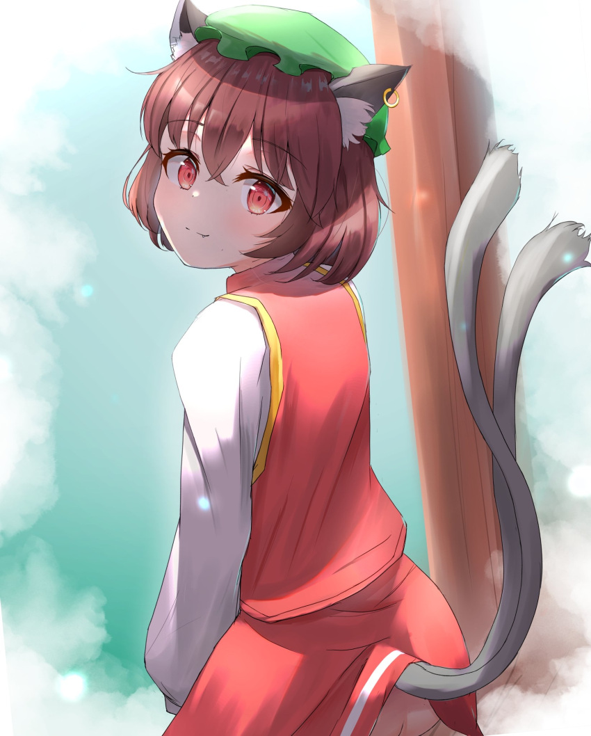 1girl animal_ear_fluff animal_ears bangs brown_hair cat_ears cat_tail chen dress earrings eyebrows_visible_through_hair fang green_headwear hair_between_eyes hat highres jewelry long_sleeves looking_at_viewer looking_back multiple_tails nose_(oekaki1825) red_dress red_eyes short_hair smile solo tail touhou