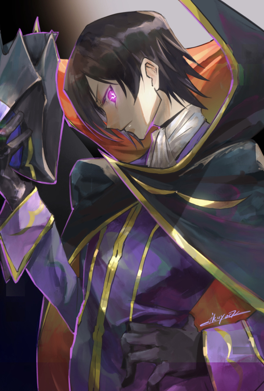 1boy absurdres black_cape black_gloves black_hair cape closed_mouth code_geass geass gloves glowing glowing_eye hand_on_hip headwear_removed helmet helmet_removed highres holding holding_helmet ikuyoan lelouch_lamperouge male_focus signature solo violet_eyes