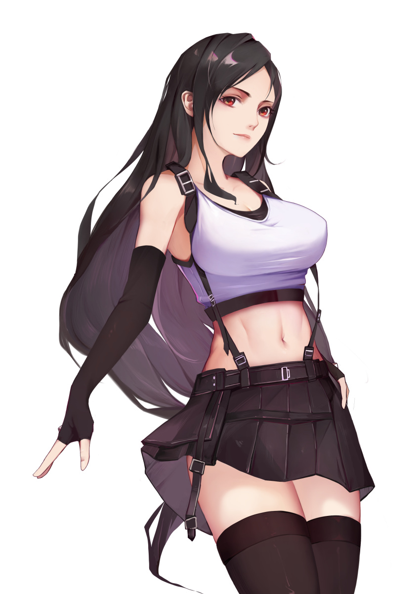1girl absurdres bangs bare_shoulders black_hair black_legwear black_skirt breasts closed_mouth commentary elbow_gloves final_fantasy final_fantasy_vii final_fantasy_vii_remake fingerless_gloves gloves hand_on_hip highres large_breasts li894887897 lips long_hair looking_at_viewer midriff miniskirt navel parted_bangs red_eyes shiny shiny_hair simple_background skirt sleeveless solo stomach suspender_skirt suspenders tank_top thigh-highs thighs tifa_lockhart white_background white_tank_top zettai_ryouiki