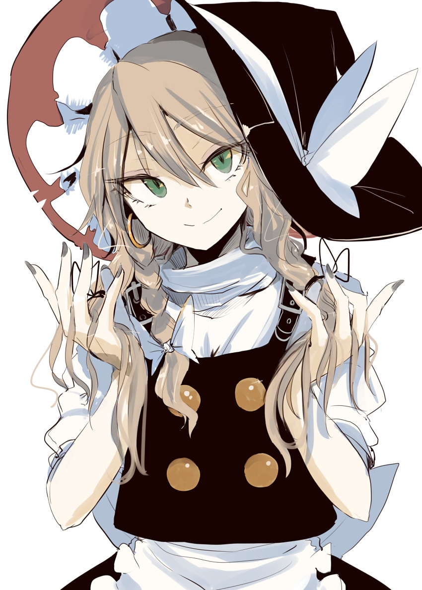 1girl absurdres apron black_headwear black_vest bow brown_hair closed_mouth double-breasted fingernails green_eyes grey_nails hair_between_eyes hand_in_hair hands_up hat hat_bow head_tilt highres kirisame_marisa looking_at_viewer nail_polish ne_kuro puffy_short_sleeves puffy_sleeves shirt short_sleeves smile solo touhou vest waist_apron white_apron white_bow white_shirt