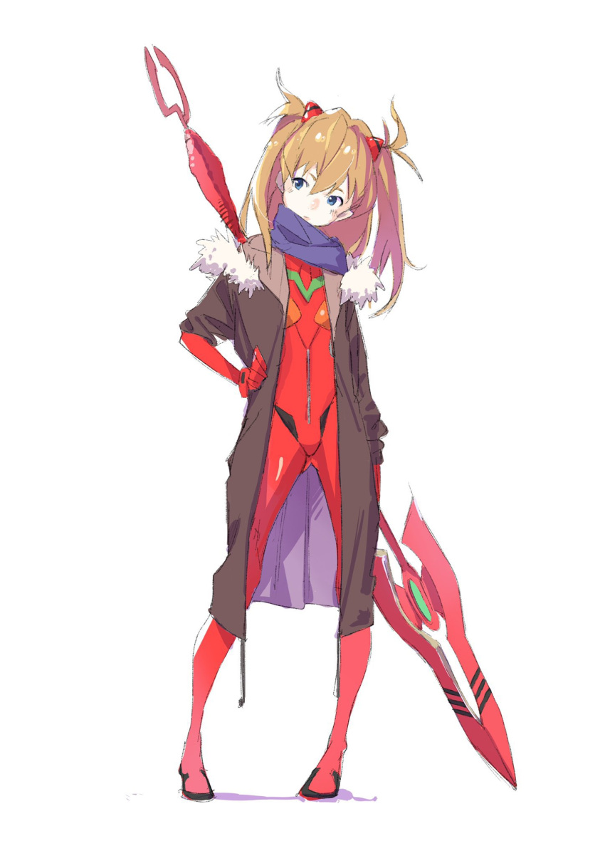 1girl blue_eyes brown_coat brown_hair closed_mouth coat fur-trimmed_coat fur_trim hand_on_hip highres holding holding_polearm holding_spear holding_weapon long_hair neon_genesis_evangelion plugsuit polearm popman3580 purple_scarf scarf shikinami_asuka_langley simple_background sketch sleeves_rolled_up solo souryuu_asuka_langley spear standing twintails weapon white_background