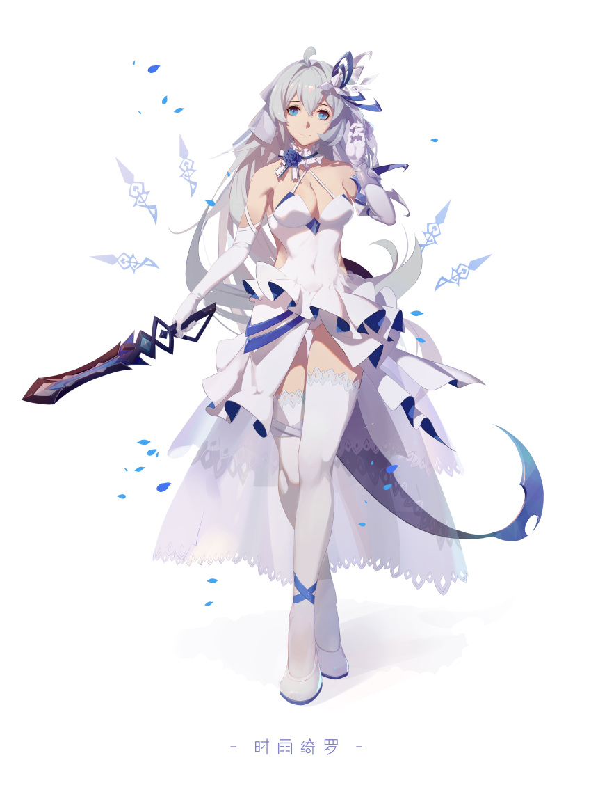 1girl absurdres ahoge ankle_wrap ass_visible_through_thighs benghuai_xueyuan blue_eyes blue_flower blue_petals bow bowtie cheeky_little_star covered_navel dress elbow_gloves flower gloves hair_ornament hand_up highres holding holding_sword holding_weapon honkai_(series) honkai_impact_3rd jewelry kanji leg_wrap long_hair looking_at_viewer neckwear panties petals shigure_kira silver_hair simple_background sleeveless sleeveless_dress smile spaghetti_strap sword symbol thigh-highs two-tone_dress underwear weapon white_background white_bow white_dress white_footwear white_gloves white_legwear white_panties