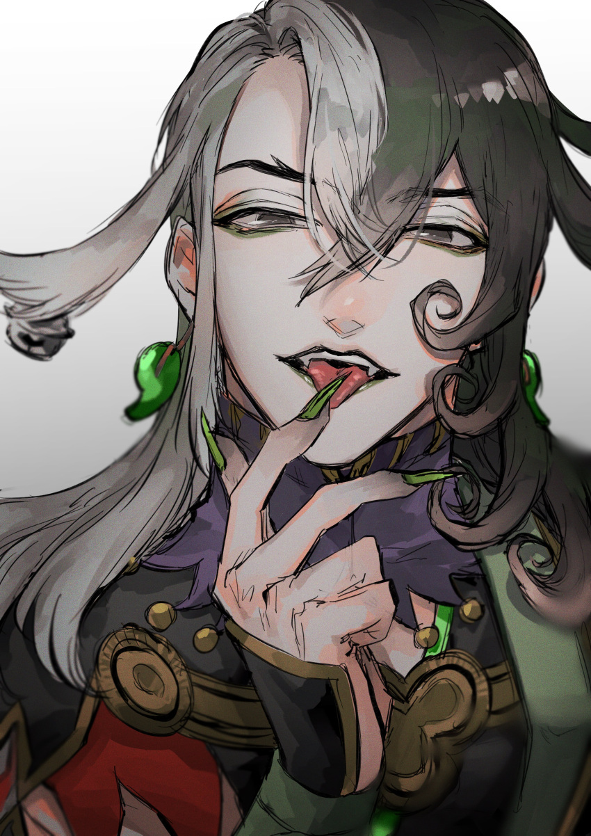 1boy absurdres ashiya_douman_(fate) asymmetrical_clothes asymmetrical_hair bell black_eyes black_hair close-up curly_hair earrings face fate/grand_order fate_(series) finger_licking fingernails green_eyeshadow green_kimono green_lipstick green_nails hair_bell hair_between_eyes hair_intakes hair_ornament highres japanese_clothes jewelry kimono licking lipstick long_hair magatama magatama_earrings makeup male_focus multicolored_hair open_clothes open_kimono oshiruko_(oshiruko0803) ribbed_sleeves sharp_fingernails solo toned toned_male tongue tongue_out two-tone_hair upper_body very_long_fingernails very_long_hair white_hair