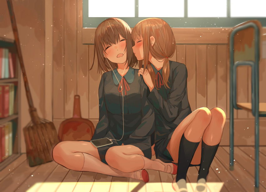 2girls between_legs black_legwear blush book bookshelf broom brown_hair cellphone chair closed_eyes drooling dustpan eyebrows_visible_through_hair hand_between_legs head_tilt headphones highres imminent_kiss kneehighs multiple_girls on_floor open_mouth original phone school_uniform sen_(sennosenn1127) shoes short_hair shoulder_grab sidelocks sitting skirt sleeping white_legwear window yokozuwari yuri