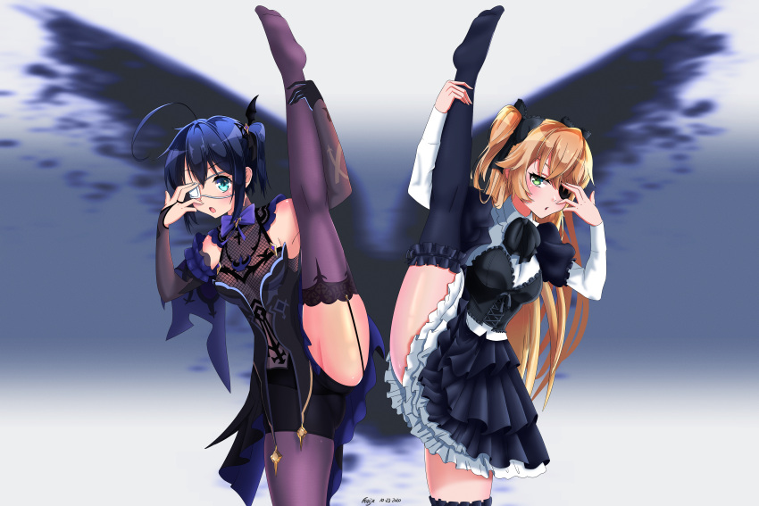 2girls absurdres ahoge ass_visible_through_thighs blonde_hair blue_eyes blush breasts chuunibyou chuunibyou_demo_koi_ga_shitai! cosplay dated dress eyepatch fischl_(genshin_impact) frilled_dress frills garter_straps genshin_impact green_eyes groin_tendon hair_between_eyes highres huge_filesize kaije7 kyoto_animation long_hair medium_breasts mihoyo_technology_(shanghai)_co._ltd. multiple_girls seiyuu_connection short_twintails side_ponytail split standing standing_on_one_leg standing_split takanashi_rikka takanashi_rikka_(cosplay) thigh-highs thighs tokyo_mx twintails uchida_maaya zettai_ryouiki