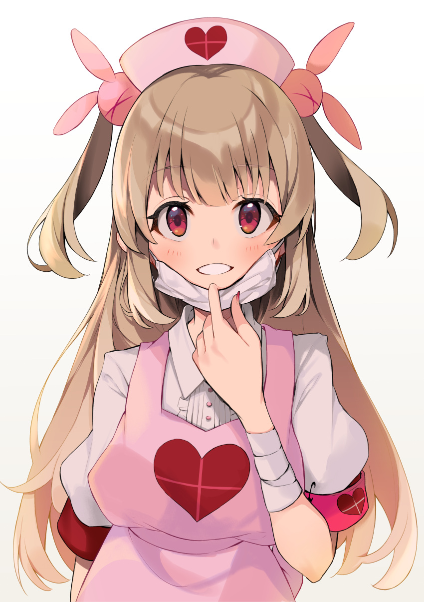 &gt;_&lt; 1girl absurdres apron armband bandaged_arm bandages bangs blush brown_hair bunny_hair_ornament center_frills collared_shirt commentary_request dark_fuu dress_shirt eyebrows_visible_through_hair frills gradient gradient_background grey_background hair_ornament hand_up heart highres long_hair looking_at_viewer mask mask_pull mouth_mask nail_polish natori_sana pink_apron pink_headwear puffy_short_sleeves puffy_sleeves pulled_by_self red_eyes red_nails safety_pin sana_channel shirt short_sleeves smile solo surgical_mask two_side_up upper_body very_long_hair virtual_youtuber white_background white_shirt