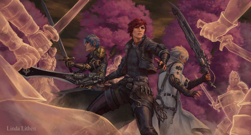 1girl 2boys armor battle blue_hair cropped_jacket fighting_stance final_fantasy final_fantasy_xiv fingerless_gloves ghost gloves granson gunblade gunbreaker_(final_fantasy) highres hyur jacket linda_lithen multiple_boys redhead shield short_hair silver_hair sword thancred_waters tree very_short_hair weapon white_jacket