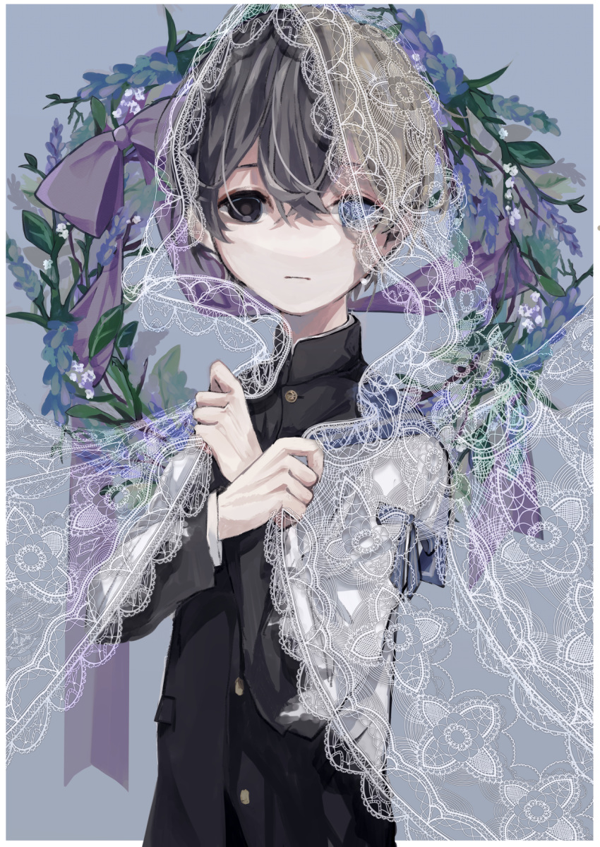 1boy :| black_hair black_jacket buttons closed_mouth flower hair_between_eyes heterochromia highres holding holding_clothes jacket lace lace_veil long_sleeves naruta original purple_ribbon ribbon school_uniform short_hair solo veil wreath